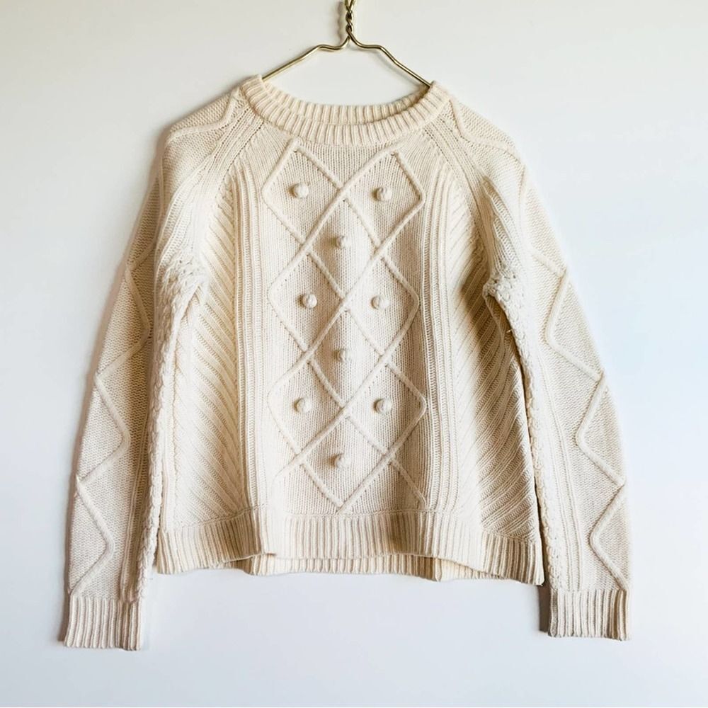 J Crew Cream Pom Pom Wool Sweater